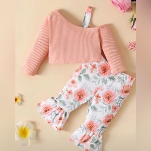 Girls Ribbed Crop Top & Flowers Print Flare Leg Pants Set